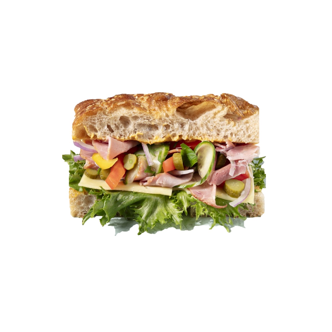 Sandwich - Røkt skinke, Norvegiaost,  cornichons, paprika, agurk, rødløk, chiliaioli - Lille Persille
