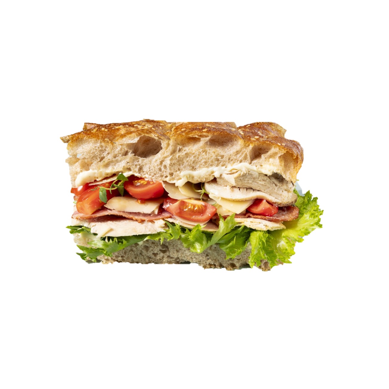 Sandwich - Cæsar med kylling, bacon, parmesan, cherrytomat og cæsardressing - Lille Persille